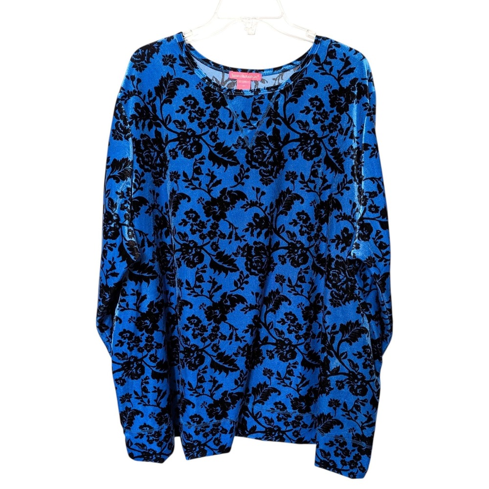 Woman Within Blue Black Floral Velvet Velour Top Size 3X